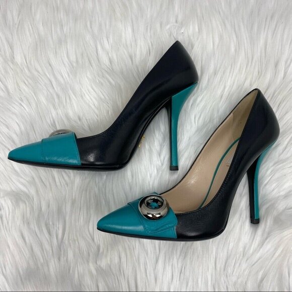 Prada Women's Capretto Turchese Silver Accent Pointed Toe Bicolor Pumps‎ EU 37.5 - Picture 6 of 11